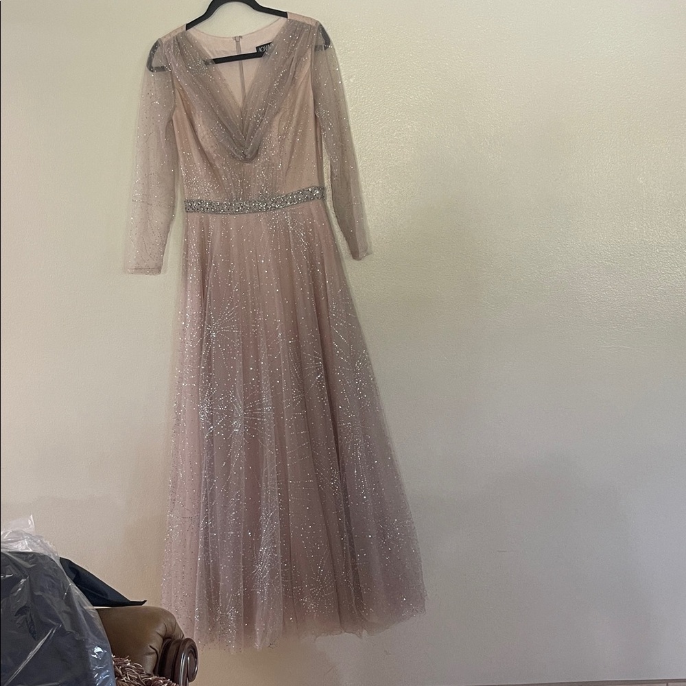 Jovani Blush Sparkle Tulle Long-Sleeve Evening Gown
